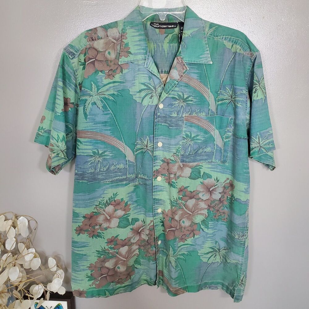 Vintage Y2K No Boundaries Hawaiian Shirt Mens Size Medium Green Floral Cotton
